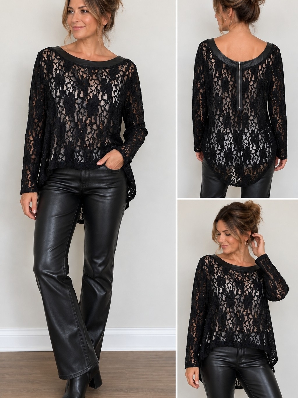 DKNY Jeans Black Lace Long-Sleeve w/Faux Leather Neckline Top Women Size Large